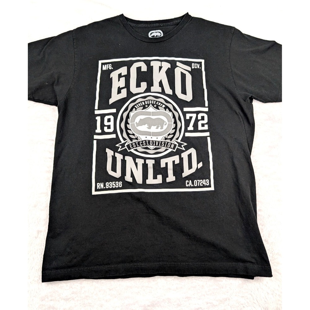 Ecko Unltd Shirt Men's L Black Gray Y2K Style Big Logo Spell Out Crew Neck